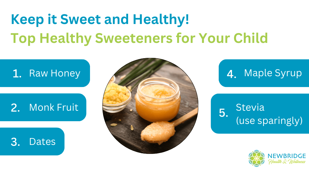 An infographic titled "Keep it Sweet and Healthy! Top Healthy Sweeteners for Your Child" lists five options: Raw Honey, Monk Fruit, Dates, Maple Syrup, and Stevia (use sparingly), with a central image of a honey jar and a honey dipper.