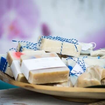 Wooden bowl full of natural soap