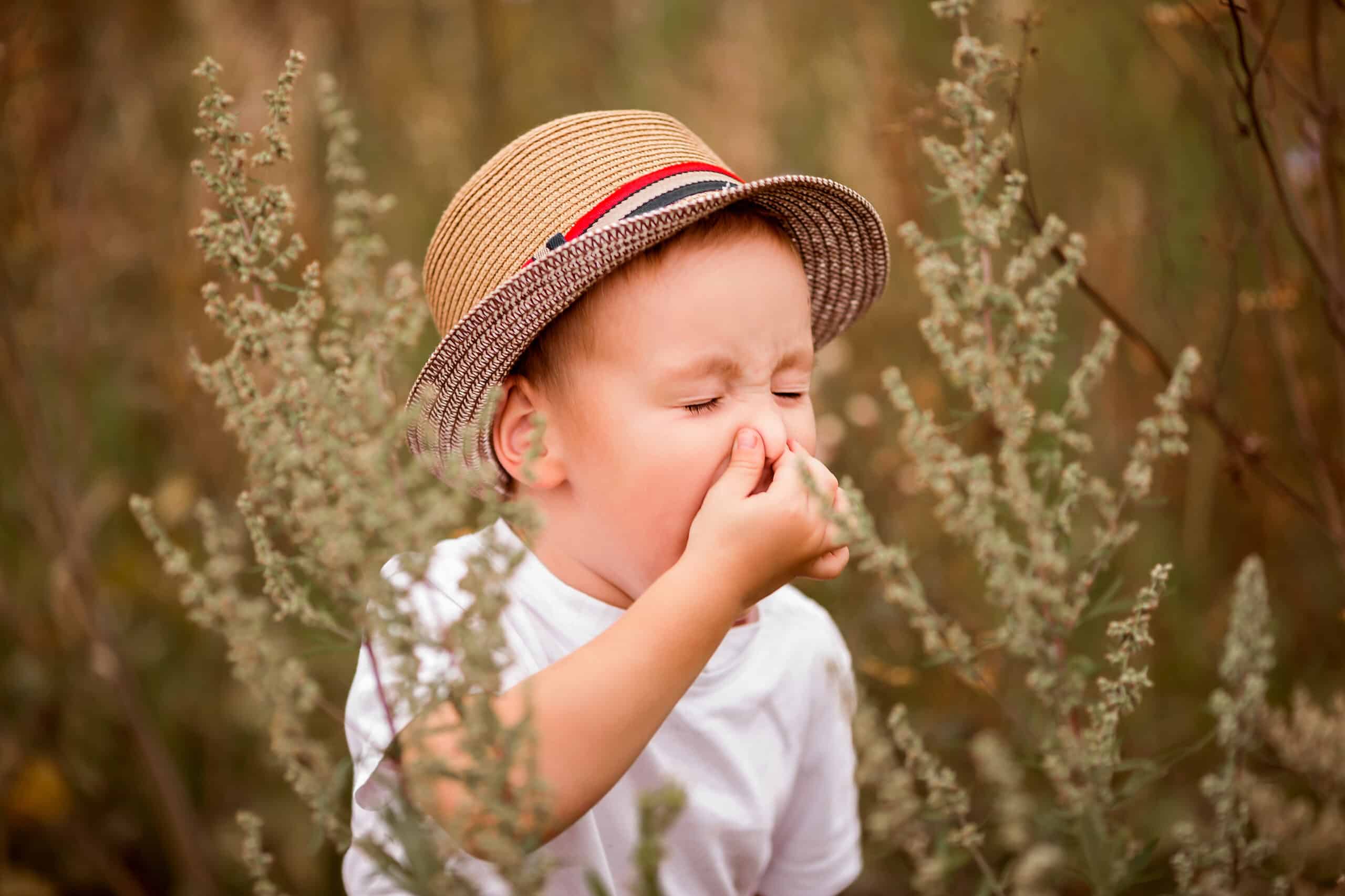 little kid with a pollen allergy about to sneeze